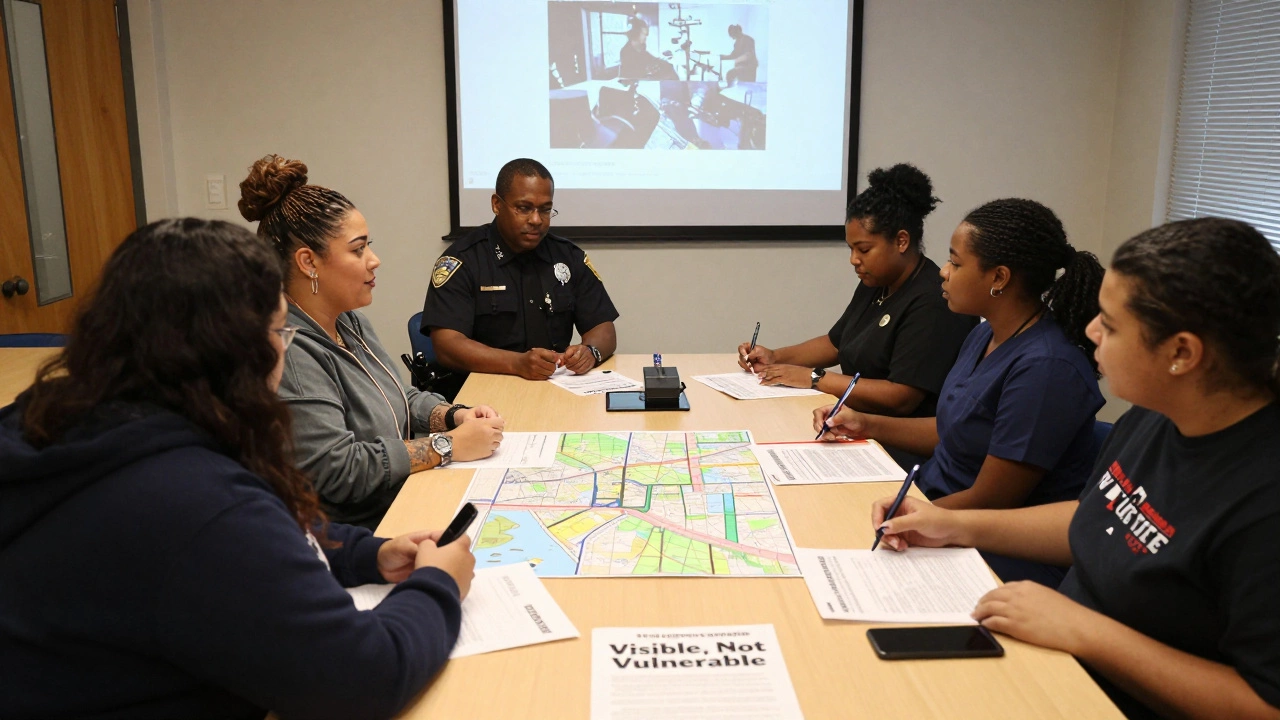 A diverse group meets in a community center to plan safer neighborhoods with maps and body cam footage.