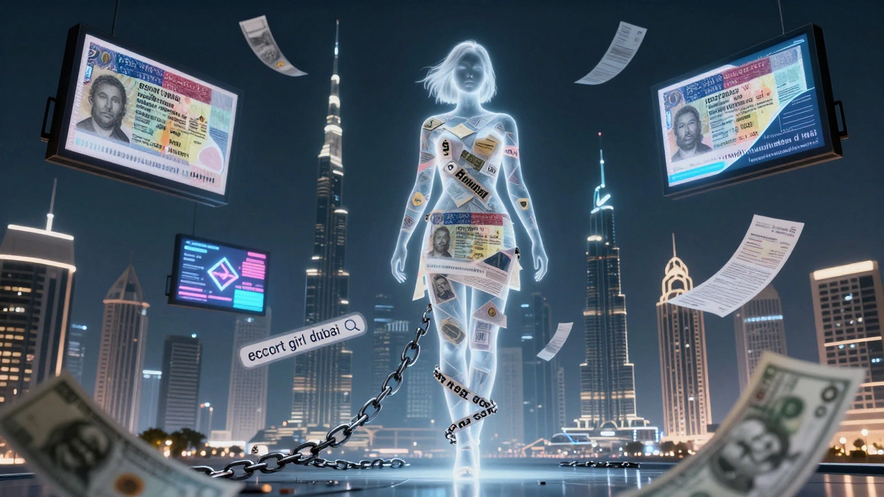 A translucent woman made of visa papers and ads floats above Dubai, chained by search terms and currency symbols.