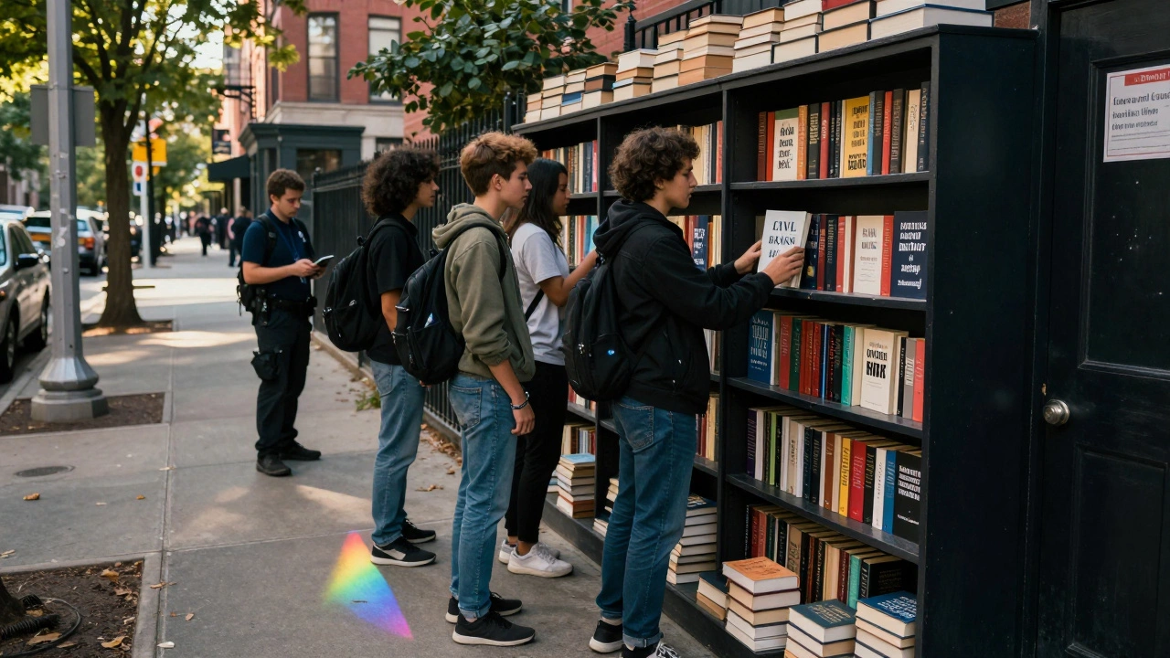 Queer teens build a sidewalk library with books outside a police precinct in New York.