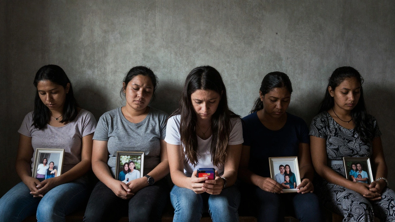 Three women sit silently in a modest apartment, one holding a phone with an escort ad, photos of family in hand.